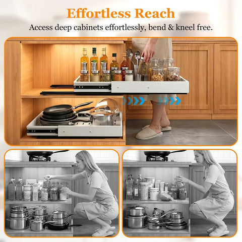 Built Tough Pull Out Cabinet Organizer For Kitchen, displaying smooth gliding shelves holding pots and spices for easy access.