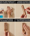 Step-by-step installation of Top Tier Boho Wood Peel And Stick Wall Hooks featuring a strong adhesive grip for easy hanging.