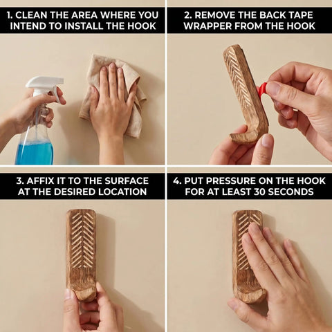 Step-by-step installation of Top Tier Boho Wood Peel And Stick Wall Hooks featuring a strong adhesive grip for easy hanging.
