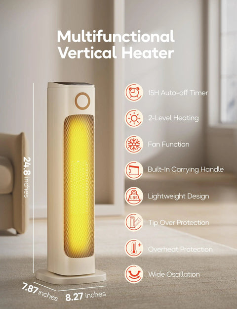 25 Inch Infrared Space Heater 1500W With Remote For Fast Warm Up, showing heater design and safety features in a room.