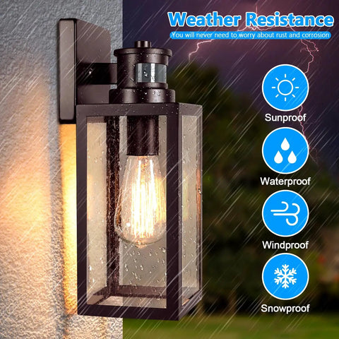 Outdoor Wall Lantern With Motion Sensor For Dusk To Dawn Auto Brightness Waterproof Anti Rust Sconce With Seeded Glass.