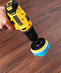 Pro Grade 3 Inch Drill Buffing Pad Kit with yellow drill and blue sponge pad on wood surface