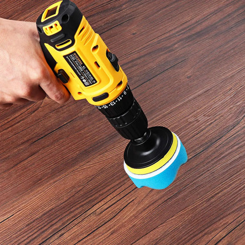 Pro Grade 3 Inch Drill Buffing Pad Kit with yellow drill and blue sponge pad on wood surface