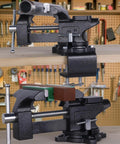 Industrial Grade Rock Solid Heavy Duty 6 Inch Bench Vise With All Steel Swivel Base And Dual Jaw Design for woodworking and metalworking.