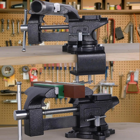 Industrial Grade Rock Solid Heavy Duty 6 Inch Bench Vise With All Steel Swivel Base And Dual Jaw Design for woodworking and metalworking.