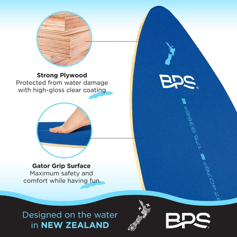 Shaka 35 Inch Skim Board With Epoxy Coated Wood Deck And Traction Pad No Wax Needed Built In Nose Rocker For Easy Turns And Quick Maneuvers Ideal For Kids And Adults Dark Blue Skimboard overview with plywood insert.