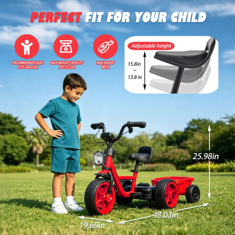 12V Kids Ride On Electric Tricycle With Stable Triangular Frame And Low Center Of Gravity, Adjustable Seat, Wide EVA Wheels, LED Headlight, Removable Storage Basket, Safe Easy Grip Pedals For Young Riders; boy shown for size