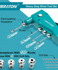 Heavy Duty Pop Rivet Gun Set With Aluminum Hand Riveter Workhorse 4 Interchangeable Heads 110 Piece Rivet Kit, drill bits, rivets