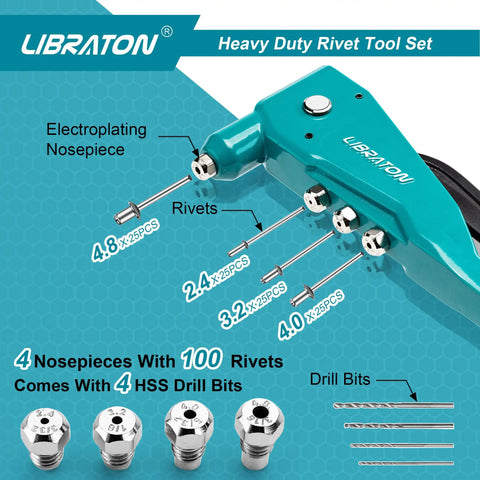 Heavy Duty Pop Rivet Gun Set With Aluminum Hand Riveter Workhorse 4 Interchangeable Heads 110 Piece Rivet Kit, drill bits, rivets