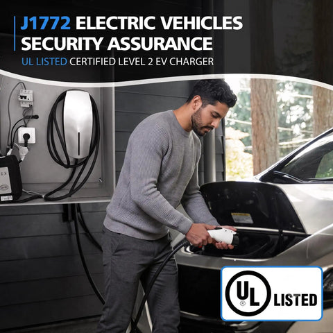 Man using Nacs To J1772 Ev Charging Adapter 60 Amp 240 Volt Level 2 Converter for electric vehicle charging.