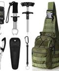 All In One Fishing Backpack Kit With Pliers Hook Remover Weighing Scale Fish Gripper Separator Lanyard Sheath Built Tough Army Green Ready For Any River Or Lake Adventure For Men And Women, displayed with accessories.