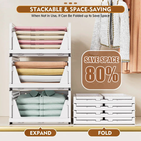5 Pack Stackable Closet Storage Baskets, Foldable Organizer Bins For Bathroom Kitchen Laundry Room Wardrobe, White, folded and stacked with clothes
