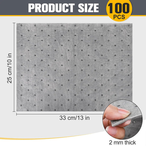 Heavy Duty Oil Absorbent Pads 100 Pack 13 X 10 Inch Meltblown Polypropylene showing size and thickness details.