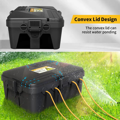 Huge Outdoor Electrical Box Waterproof 12 Inch X8 Inch X5 Inch Heavy Duty IP54 Weatherproof Extension Cord Cover showing convex lid design.