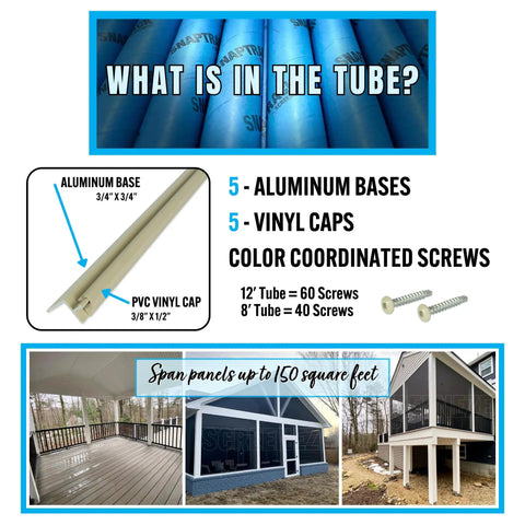 Diagram showing components of No Spline Screened Porch Kit For Quick Mess Free Screen Install, with aluminum base and vinyl caps.