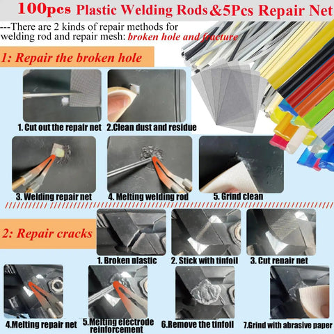 Image of a 2-in-1 plastic repair guide showing steps for using a 220W Plastic Welder Kit for car bumper repairs with detailed instructions.