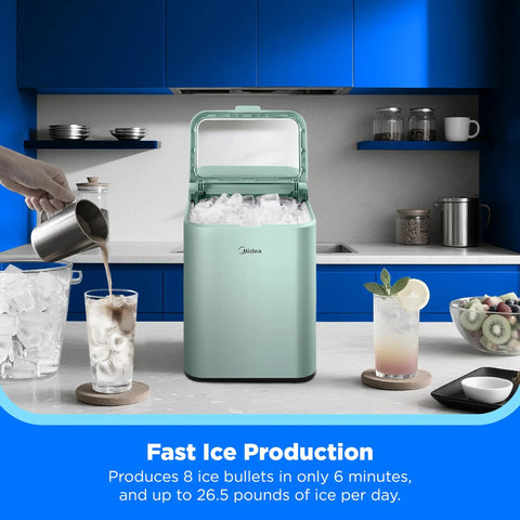 Heavy Hitter Countertop Bullet Ice Maker cranks out twenty six pounds daily in kitchen setting, with drinks and ice.