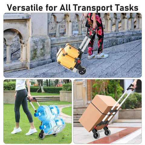Heavy Duty Folding Hand Truck 180 Lb Capacity with telescoping handle and rubber wheels hauling items outdoors.