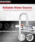 Commercial Kitchen Grade Faucet No Lead Center Wall Mount Utility Hand Faucet With Three And A Half Inch Gooseneck Spout Built To Last Dual Lever Handles Brass Construction And Chrome Finish NSF Certified, featuring high efficiency aerator.