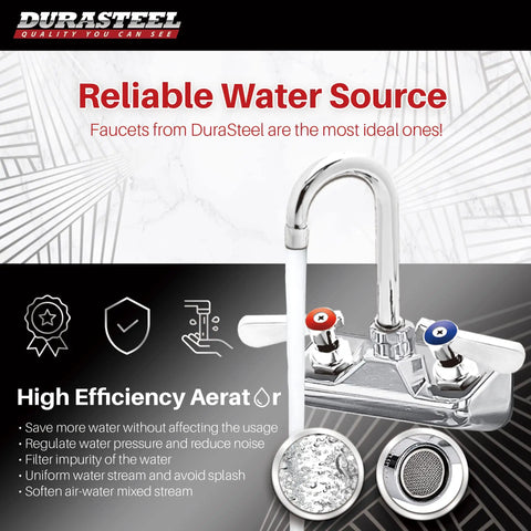 Commercial Kitchen Grade Faucet No Lead Center Wall Mount Utility Hand Faucet With Three And A Half Inch Gooseneck Spout Built To Last Dual Lever Handles Brass Construction And Chrome Finish NSF Certified, featuring high efficiency aerator.