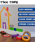 Blue Painters Tape 2 Inch Wide 60 Yards Per Roll 24 Roll Case Residue Free Easy Release Medium Tack For Sharp Clean Edges Trim Ceilings And DIY Painting Projects No Bleed with colorful tapes and toy car on hardwood floor