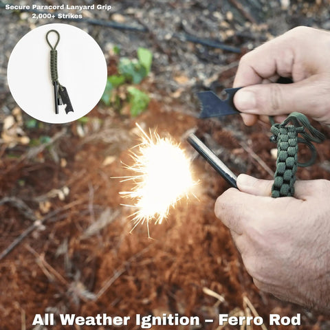 Hands using All In One 100 Piece Fire Starter Kit For Campfires And Survival With Ferro Rod 3000F Sparks in forest setting
