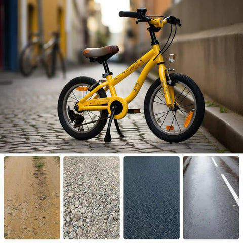 12.5X2.25 Bike Tire And Inner Tube Set on a yellow kids bike with different road surfaces visible