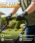 Top Tier Heavy Duty Black Nitrile Gloves 8 Mil Thick Build used for lawn mowing, providing a firm grip and protection outdoors.