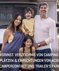 Family standing in front of caravan, promoting 7 Inch Caravan Navigation System With Real Time Traffic Preloaded 3D Maps
