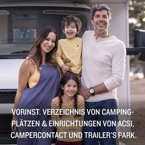 Family standing in front of caravan, promoting 7 Inch Caravan Navigation System With Real Time Traffic Preloaded 3D Maps