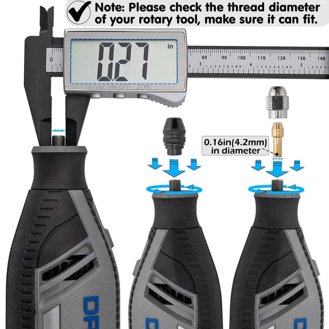 Go-To 16 Piece Drill Chuck Collet Set For Dremel Rotary Tools with digital caliper measuring tool and collet installation instructions