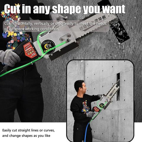 Pro Grade Diamond Wall Saw Built Tough For Zero Dust Grooving And Razor Slick Slotting Through Concrete Granite Masonry And Wood Up To 48 Cm Deep cutting a shape in concrete wall.