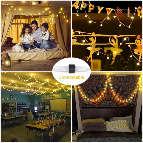 Collage of 100 LED Globe String Lights Indoor Outdoor 33ft Warm White With Remote Connectable Fairy Lights for home and events
