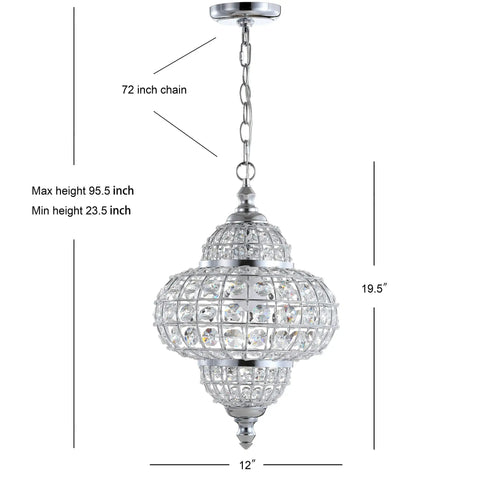 Chrome 12-Inch One-Light Crystal Pendant Light With Moroccan Quatrefoil Glam Design hanging with 72-inch adjustable chain.