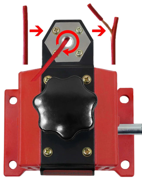 Hand Crank Copper Wire Stripper And Cable Stripping Machine for Wires 18 AWG to 1250 Kcm with adjustable clamps, red frame