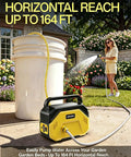 Heavy Duty Cordless Water Transfer Pump Delivers High Flow Rate And Smooth Operation On Standard Twenty Volt Batteries Tool Only Design Gives You Zero Drama Top Shelf Performance For Yard Irrigation And Farming Chores Without Any Wires, shown with water container and garden hose.