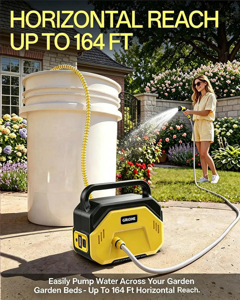 Heavy Duty Cordless Water Transfer Pump Delivers High Flow Rate And Smooth Operation On Standard Twenty Volt Batteries Tool Only Design Gives You Zero Drama Top Shelf Performance For Yard Irrigation And Farming Chores Without Any Wires, shown with water container and garden hose.