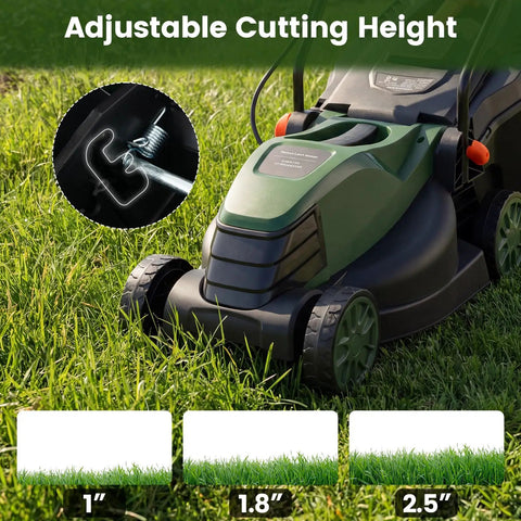 Corded 14 Inch Electric Push Lawn Mower With 3 Position Height Adjustment 9.3 Gallon Grass Collection Box 12 Amp Motor 1500W Power Lightweight Walk Behind Mower Easy To Maneuver For Small To Medium Yards Green adjusting cutting height on grass