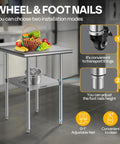 Stainless Steel 24x24 Inch Work Table With Backsplash And Wheels Durable Prep Station in kitchen with locking wheels and adjustable feet