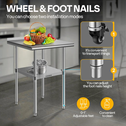 Stainless Steel 24x24 Inch Work Table With Backsplash And Wheels Durable Prep Station in kitchen with locking wheels and adjustable feet