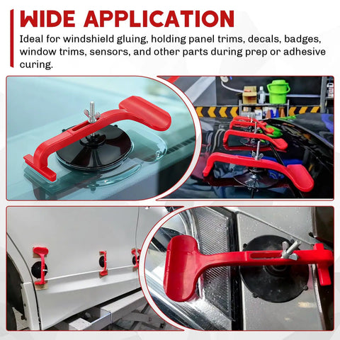 Close-up of 6 Pack Suction Cup Clamp Set For Convertible Tops And Windshields Car Glass Repair Kit with red clamps on a car window.