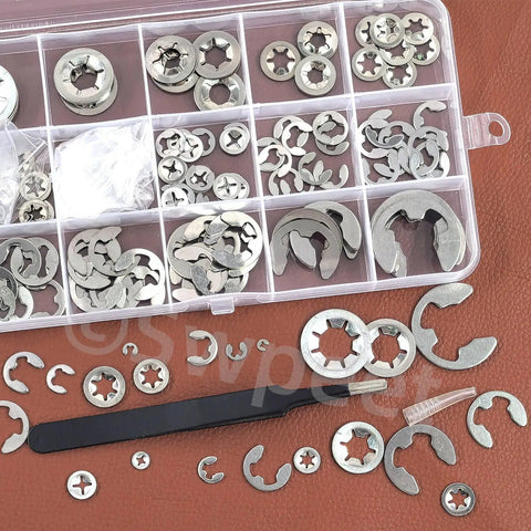 236 Piece 304 Stainless Steel E Clips And Internal Tooth Lock Washers Kit With Tweezers For Gear Repair visible in open box