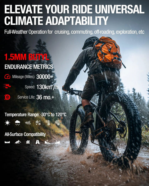 Heavy Duty Fat Tire Inner Tube For 26 Inch Bikes And EBikes Fits 26x3.0 To 3.5 Inch Fat Tires With 32mm Schrader Valve 2 Pack Thick 1.5mm Tubes Beefy Built For MTB And Folding Bikes in use on a mountain path.