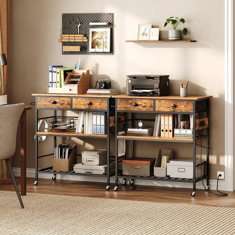 Rolling Kitchen Island With Storage, Movable Cart With Two Drawers And Built In Outlet, Rustic Brown setup in home office