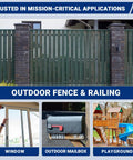 Outdoor fence and railing with a brick post, showing applications for windows, mailboxes, and playgrounds.