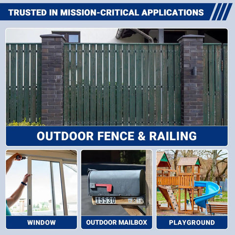 Outdoor fence and railing with a brick post, showing applications for windows, mailboxes, and playgrounds.