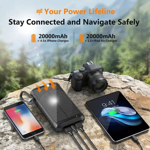 20000mAh Solar Power Bank With Wireless Charging Built In Cables And 15W USB C Fast Charging Charge Up To Six Devices At Once