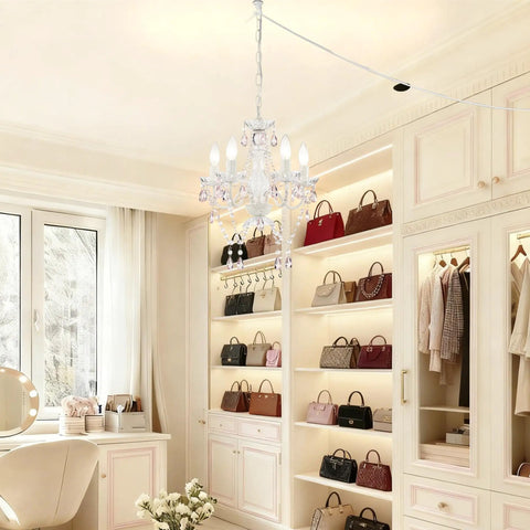 Plug-In 4-Light Pink And White Acrylic Crystal Chandelier For Girls Bedroom Playroom Or Nursery With Kid-Friendly Cozy Glow No Hardwire 20ft Cord