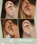 All In One Silver Stud Earrings Set for Women, Hypoallergenic Surgical Steel, Sensitive Ears, 10 Pairs of Heart, Flower, Bow, Sun Styles, Dainty Jewelry Gift Set worn in multiple ear piercings