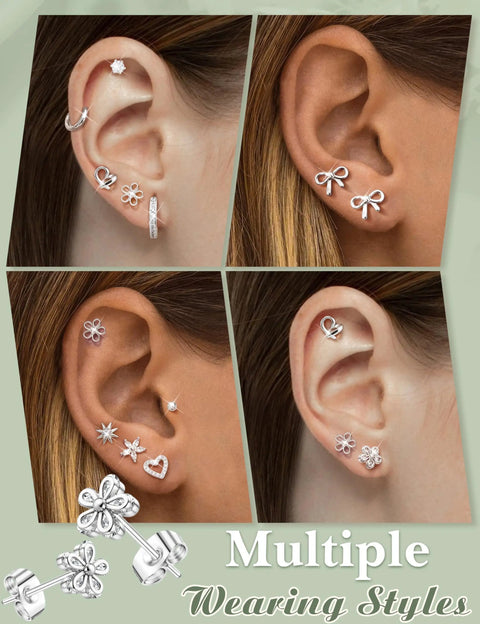 All In One Silver Stud Earrings Set for Women, Hypoallergenic Surgical Steel, Sensitive Ears, 10 Pairs of Heart, Flower, Bow, Sun Styles, Dainty Jewelry Gift Set worn in multiple ear piercings